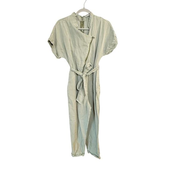 Alice + Olivia Leonarda Jumpsuit Cropped Belted Linen Blend Light Green Size 6 - Picture 2 of 7